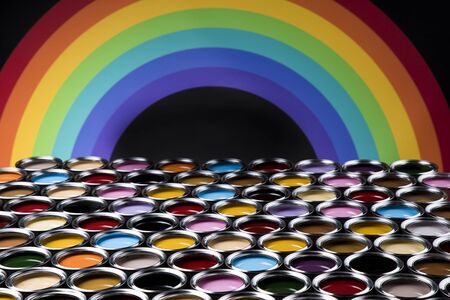 reativity concept group of tin metal cans with color paintの写真素材