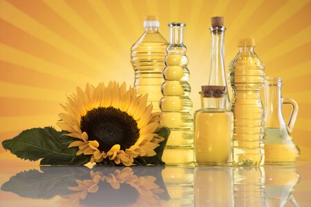 Sunflower oil, Cooking oils, bottles  backgroundの写真素材
