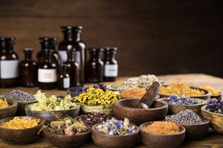 Alternative medicine, dried herbs backgroundの写真素材
