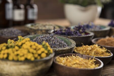 Natural remedy and wooden table backgroundの写真素材