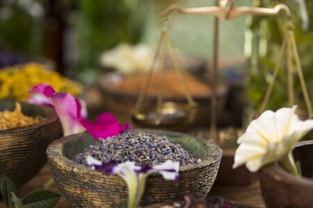 Alternative medicine, dried herbs backgroundの写真素材