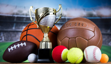 Trophy cup and sport ball background