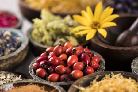 Alternative medicine, dried herbs backgroundの写真素材