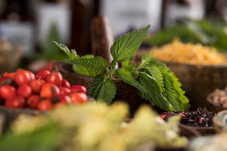Natural remedy and wooden table background
