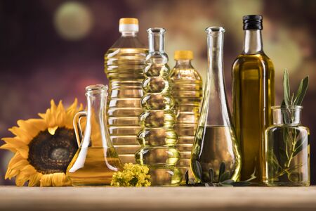 Cooking and food oil products, Extra virgin olive, sunflower seed, rapeseed oilの写真素材