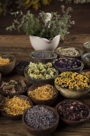 Natural remedy and wooden table backgroundの写真素材