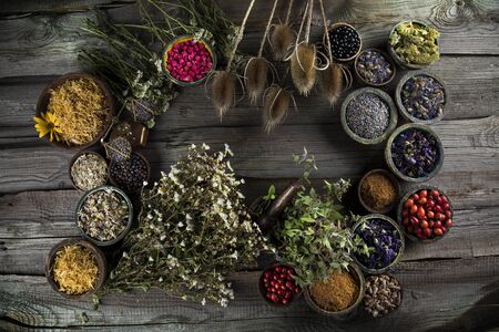 Alternative medicine, dried herbs backgroundの写真素材