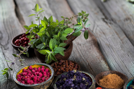 Fresh medicinal herbs on wooden background