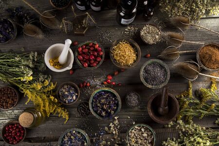 Natural remedy and wooden table backgroundの写真素材