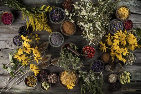 Natural remedy and wooden table backgroundの写真素材