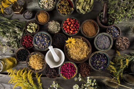 Alternative medicine, dried herbs backgroundの写真素材