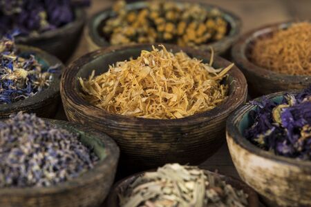 Alternative medicine, dried herbs backgroundの写真素材