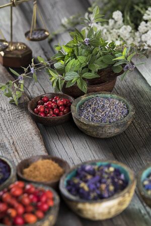 Homeopathy, herbal medicine on wooden tableの写真素材