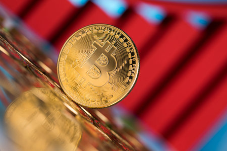 Virtual money, Currency. Bitcoin coins, financial