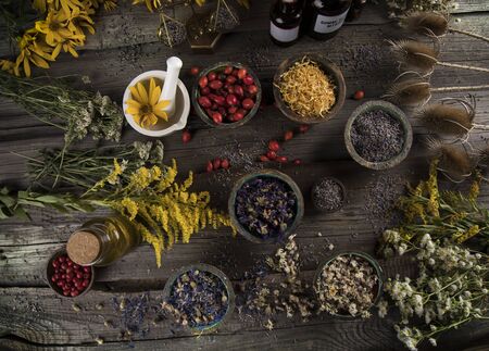 Natural remedy and wooden table backgroundの写真素材