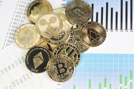 Cryptocurrencys new digital money, Bitcoin, litecoin, etherium coins close upの写真素材
