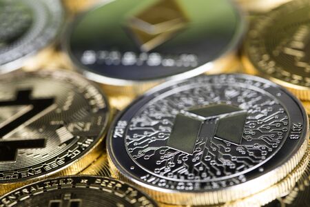 Cryptocurrencys new digital money, Bitcoin, litecoin, etherium coins close upの写真素材