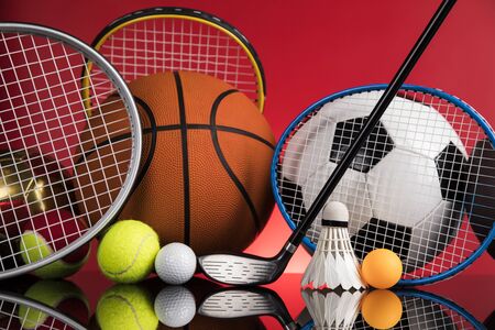 Trophy cup and sport ball backgroundの写真素材