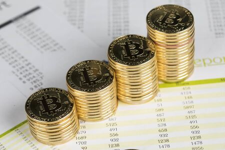 Golden Bitcoin Coin, virtual money, financial conceptの写真素材