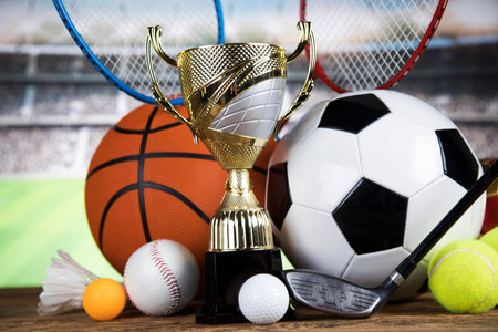 Trophy cup and sport ball backgroundの写真素材