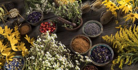 Homeopathy, herbal medicine on wooden tableの写真素材