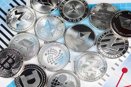 Cryptocurrencys new digital money, Bitcoin, litecoin, etherium coins close upの写真素材