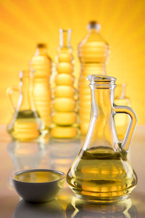 Sunflower oil, Cooking oils, bottles backgroundの写真素材