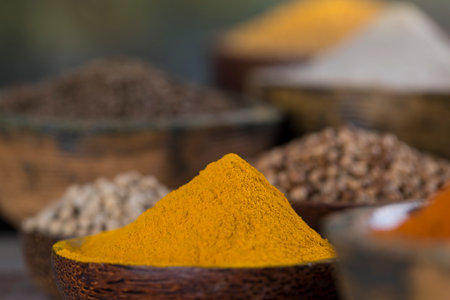 Spices and herbs selection on wooden backgroundの写真素材