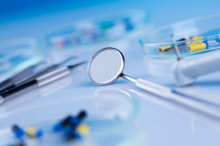 Dentist equipment on blue background