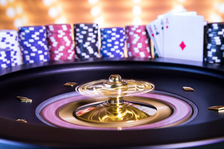 Roulette wheel in motion in a casino background