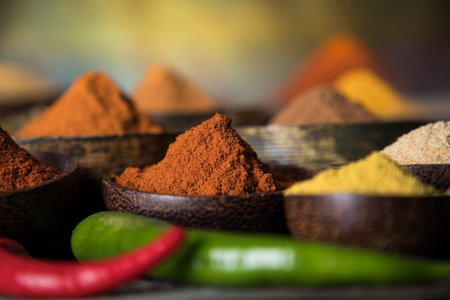 Aromatic spices on wooden backgroundの写真素材