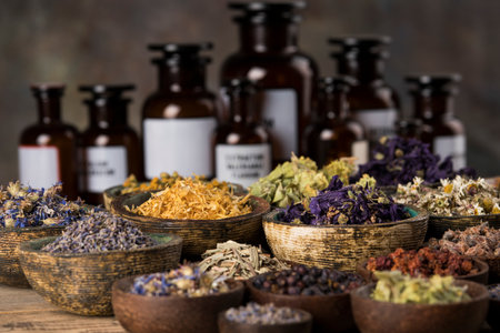 Assorted natural medical, herbs and mortarの写真素材