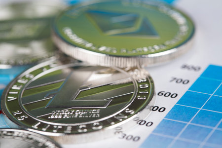 Cryptocurrencys new digital money, Bitcoin, litecoin, etherium coins close up