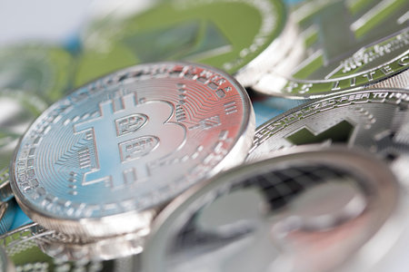 Cryptocurrencys new digital money, Bitcoin, litecoin, etherium coins close upの写真素材