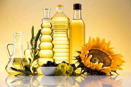 Cooking and food oil products, Extra virgin olive, sunflower seed, rapeseed oilの写真素材