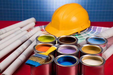 Paint brush, tin can and color guide samples