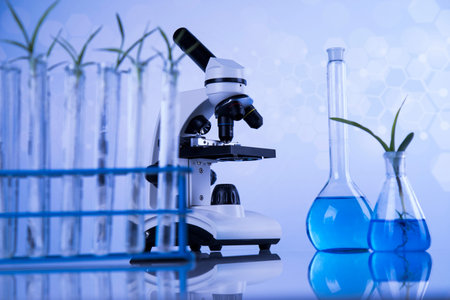 Microscope, Science experiment with plant laboratory