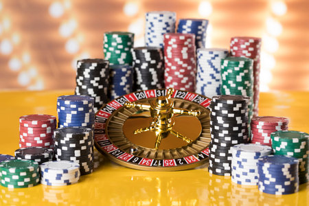 Roulette wheel running in a casino, Poker Chips