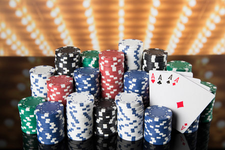 Poker Chips on gaming tableの写真素材