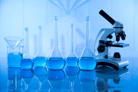 Microscope, Glassware, Laboratory beakers, Science experiment