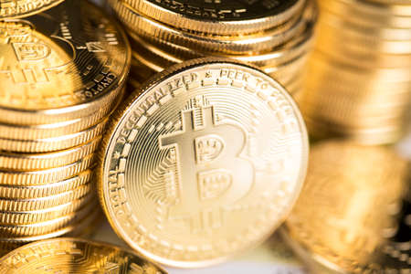 Virtual money, Currency. Bitcoin coins, financial chartの写真素材