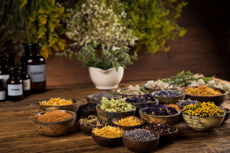 Alternative medicine, dried herbs backgroundの写真素材