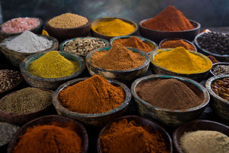 Aromatic spices on wooden backgroundの写真素材