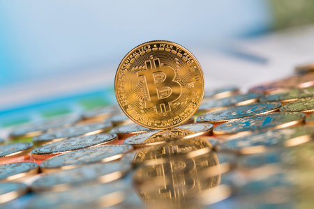 Gold Bitcoin Coin. Buisness and financial background