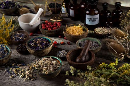 Natural remedy, healing herbs backgroundの写真素材