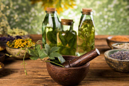 Natural medicine, wooden table backgroundの写真素材