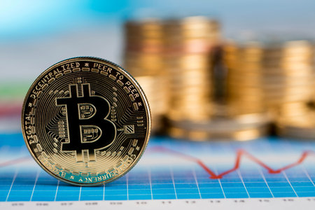 Chart, Golden Bitcoin Coin, virtual money, financial concept