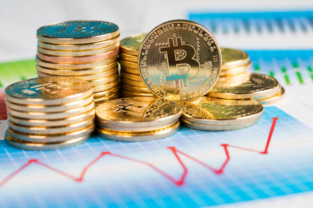 Chart, Golden Bitcoin Coin, virtual money, financial concept