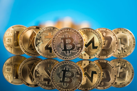Cryptocurrencys new digital money, Bitcoin, litecoin, etherium coins close up