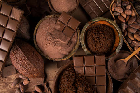 Assorted chocolate bar, candy sweet, cocoa podの写真素材